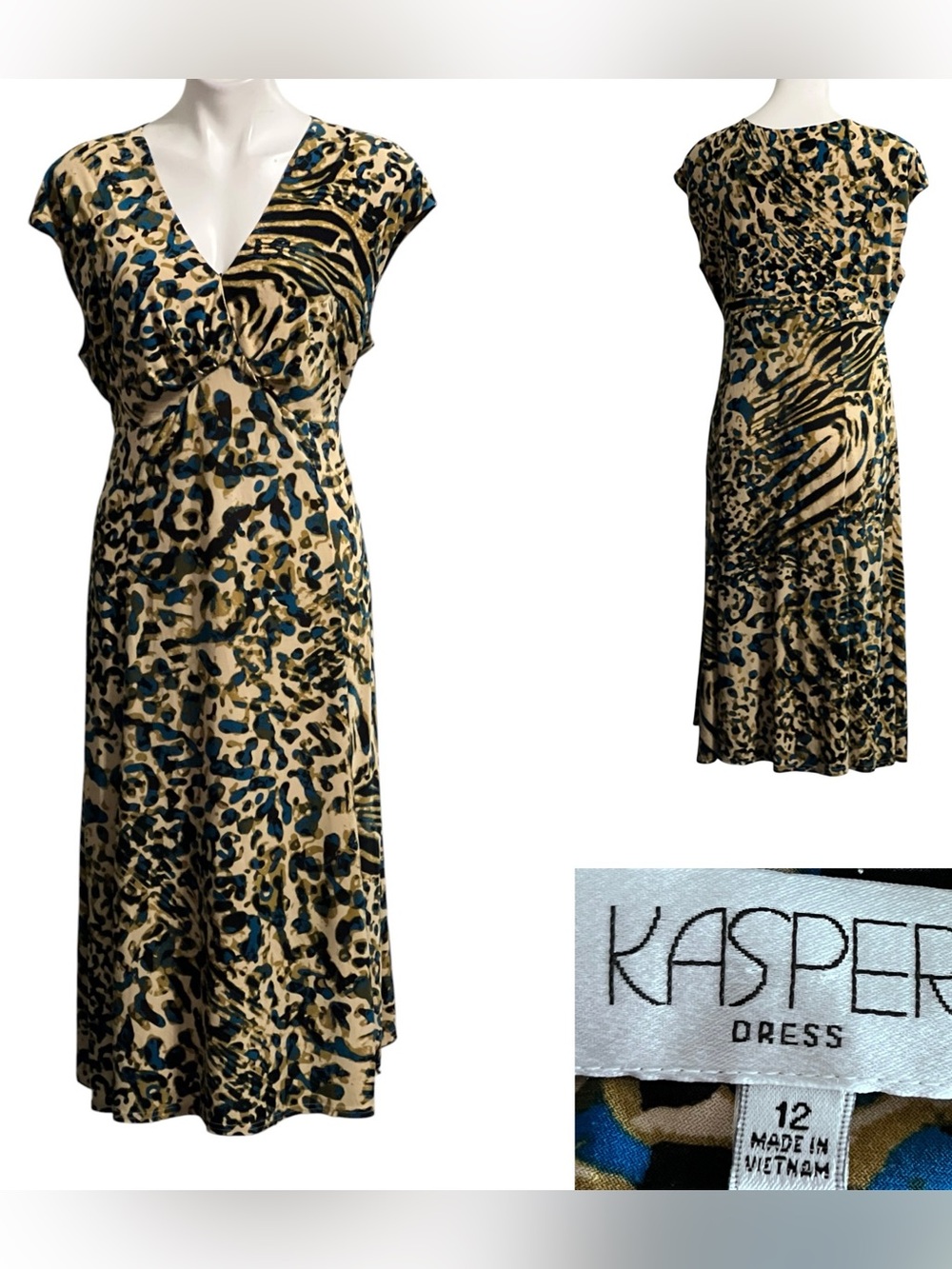 Kasper midi dress sz 12 Tan/Blue‎ Animal-Print V-Neck A-line. Like New!